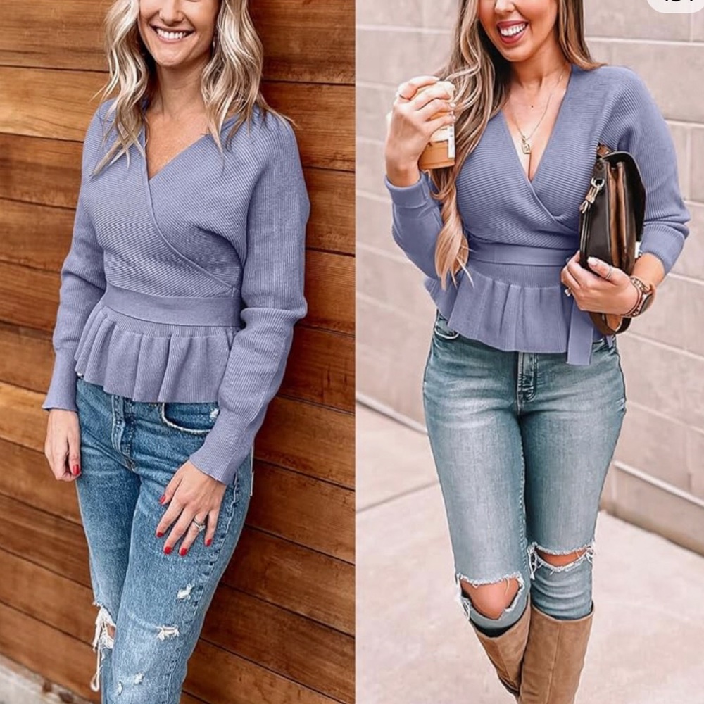 🔷NEW! Zesica Fall Wrap V-neck Long Batwing Sleeve Belted Waist Ruffle Sweater - Picture 3 of 11